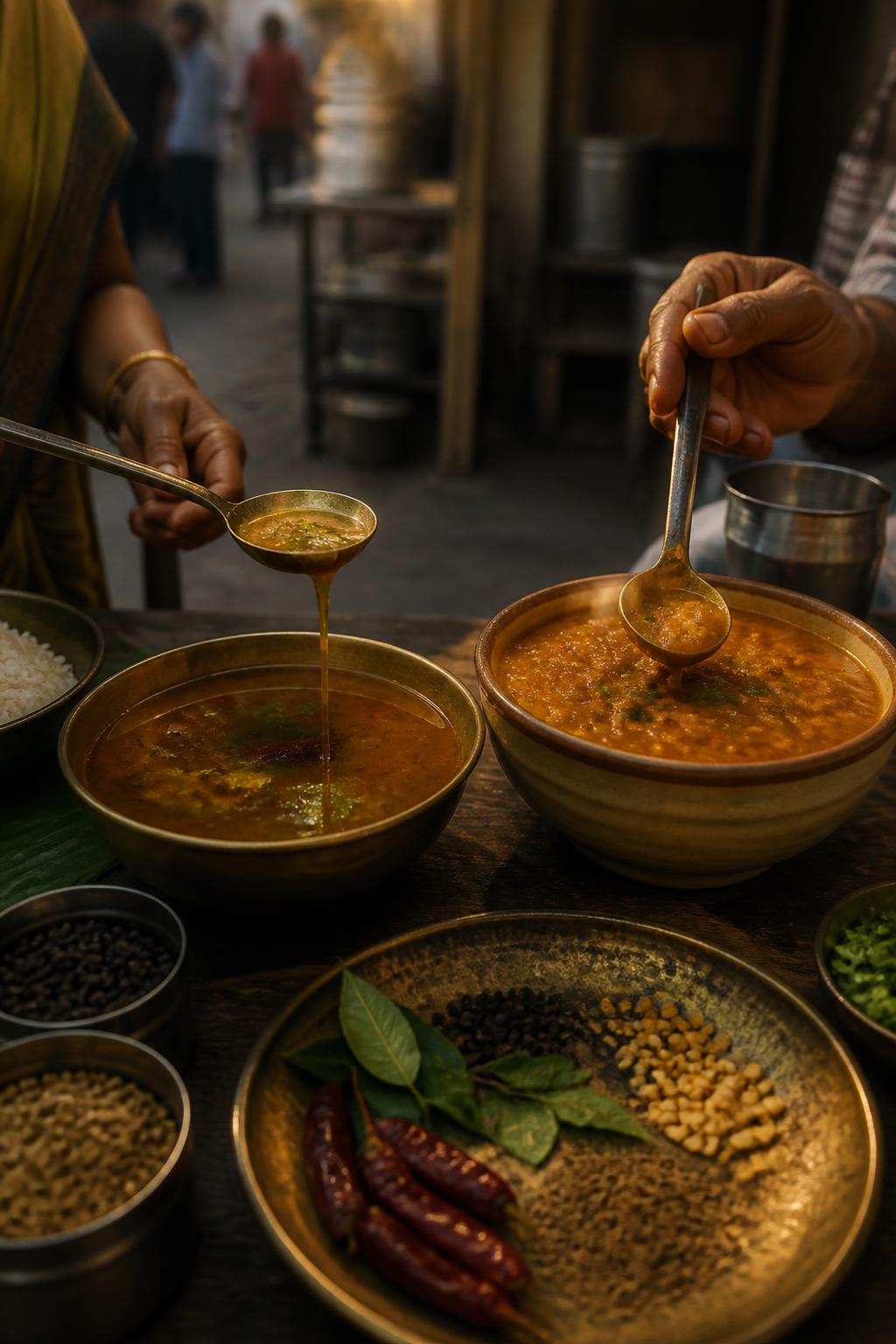 Thin rasam and thick mulligatawny served side by side.