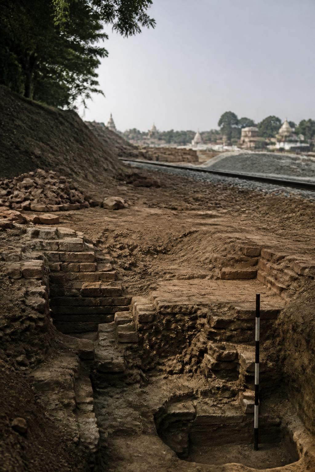 Railway earthwork at Rajghat revealing ancient bricks and archaeological remains.