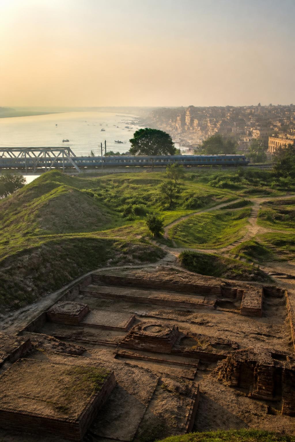 Modern Varanasi rises around the archaeological layers of ancient Rajghat.