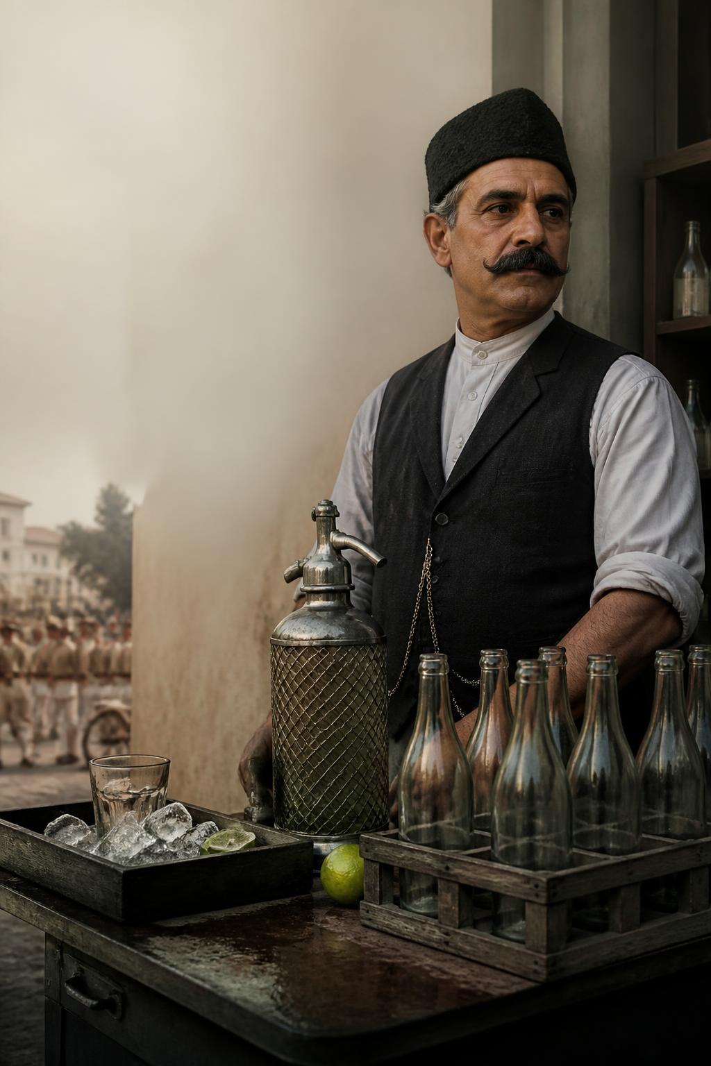 A Parsi soda entrepreneur beside glass bottles in historic Pune.