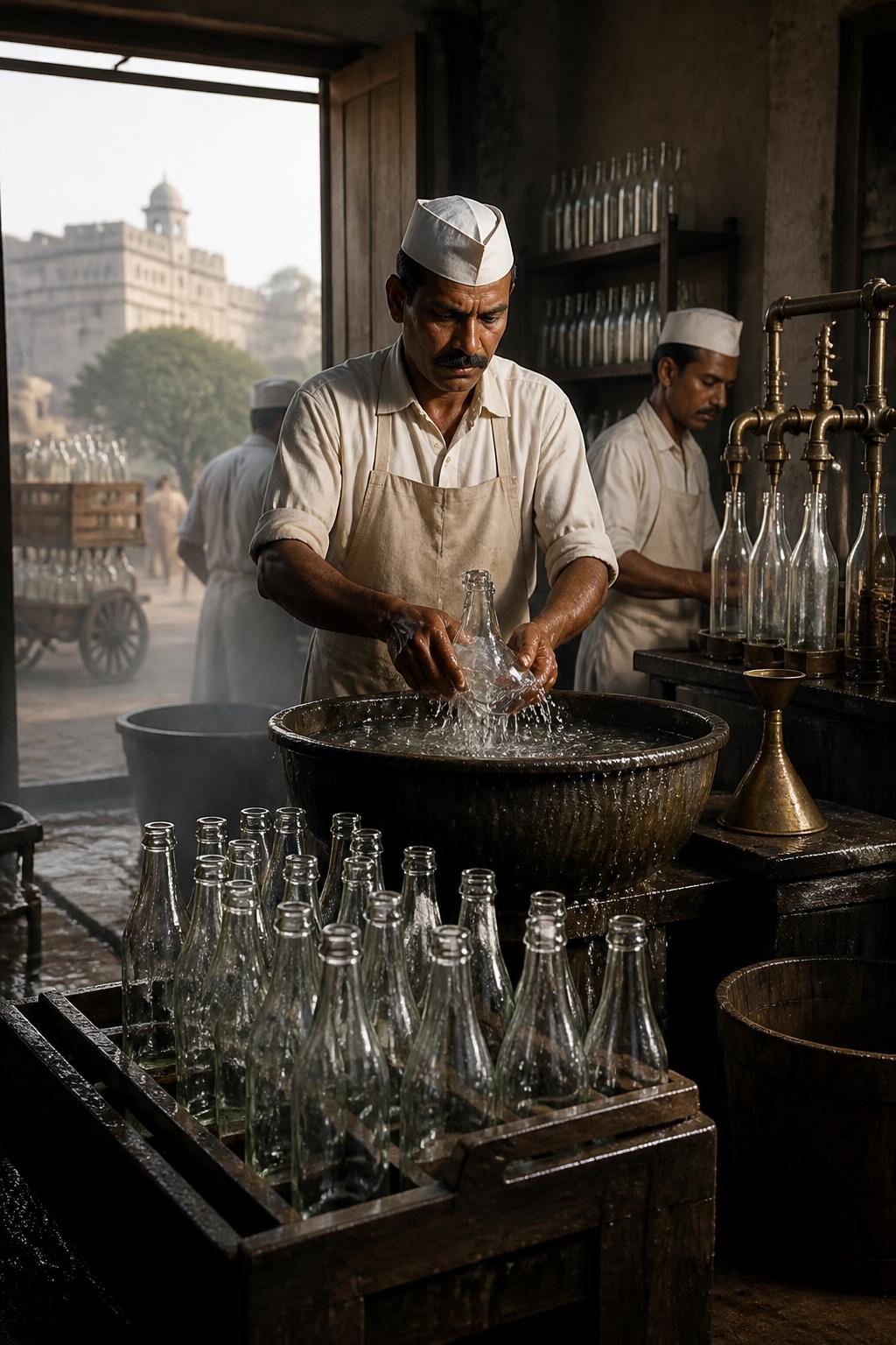 Hands filling glass soda bottles in a small historic workshop.