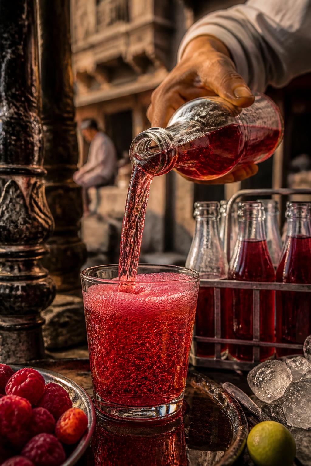 Ruby-red raspberry soda being poured from a glass bottle.