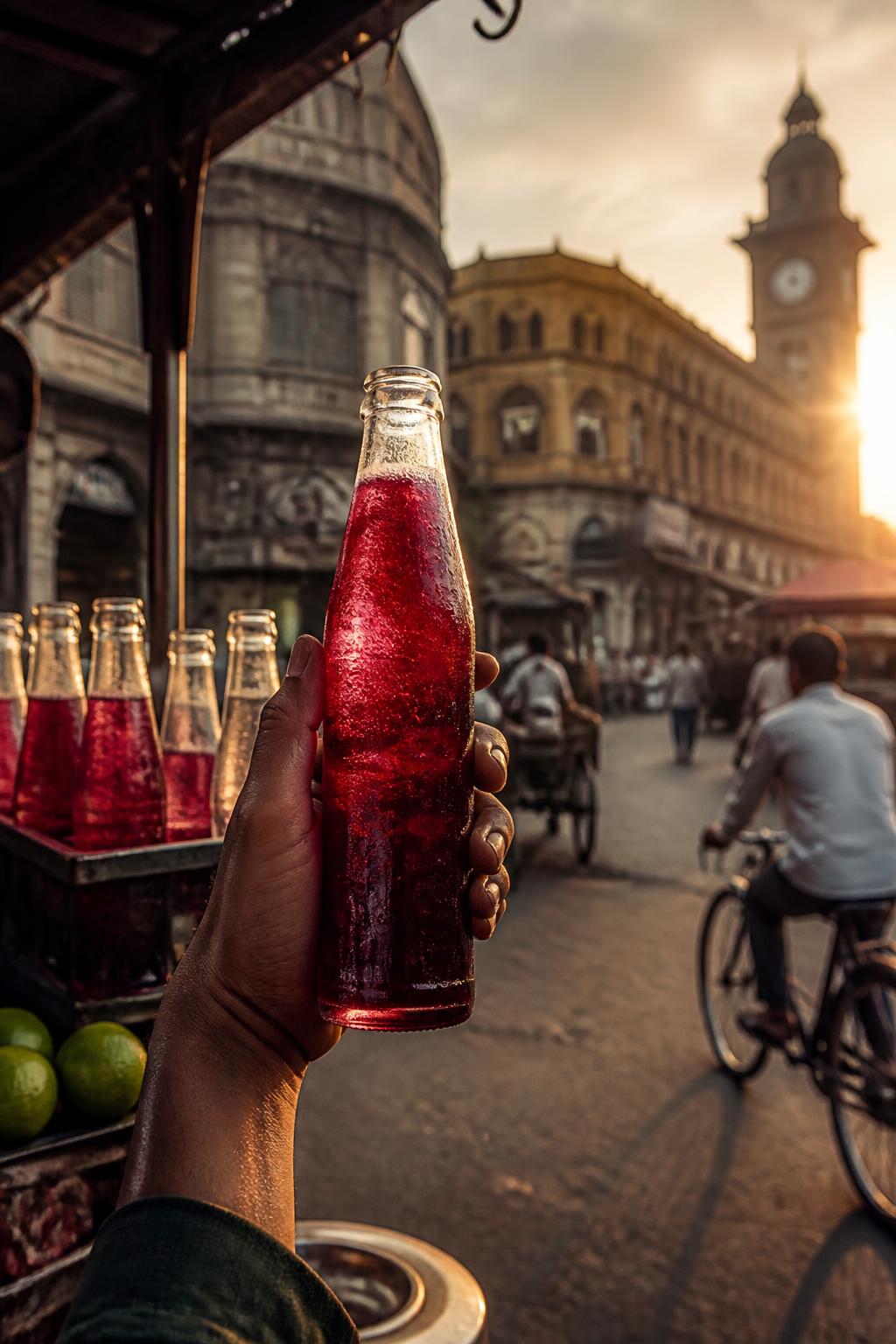 A glass raspberry soda bottle in a contemporary Pune Camp scene.