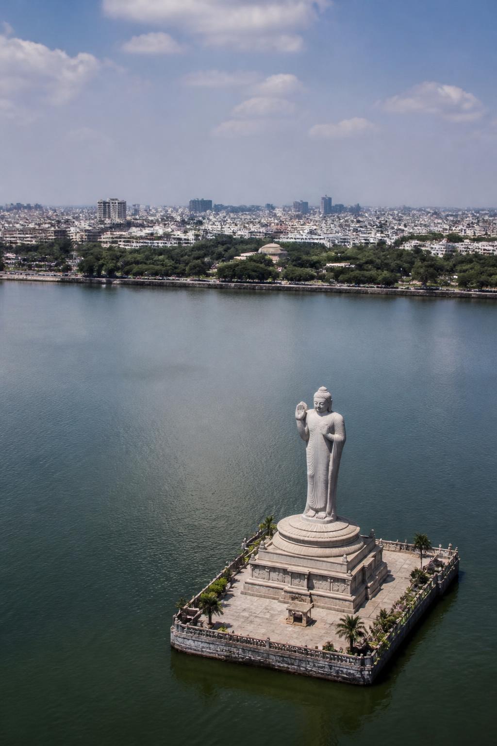 A modern white granite Buddha statue rises from Hussain Sagar Lake against Hyderabad’s skyline.