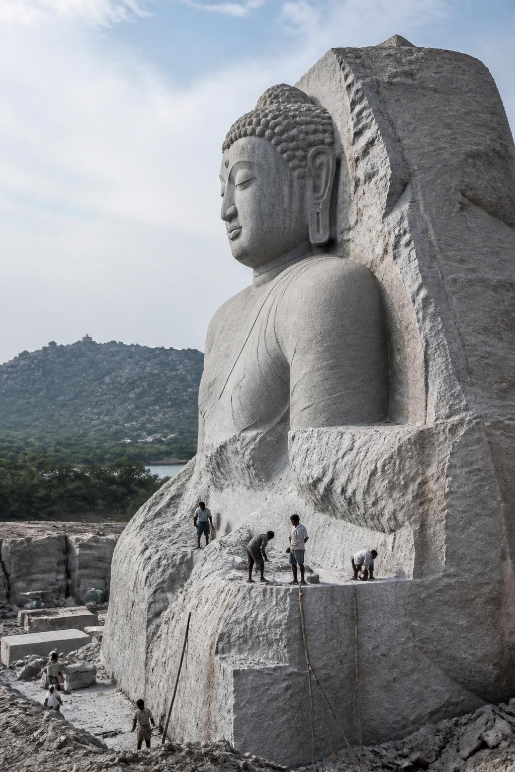 A monumental Buddha being carved from a single block of white granite.