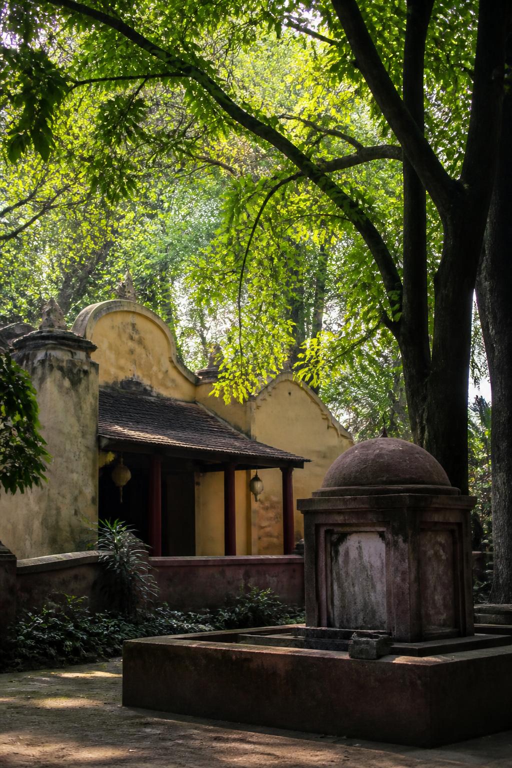 Achipur’s surviving Chinese temple and tomb beneath trees.