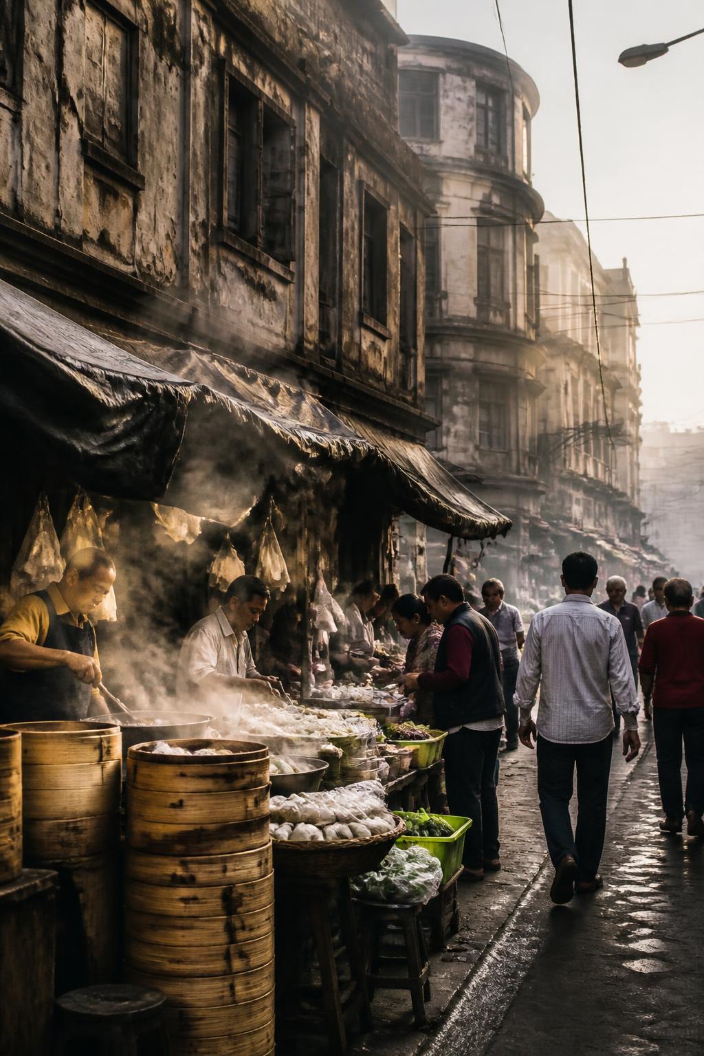 An early-morning food market lane in Tiretta Bazaar, central Kolkata.
