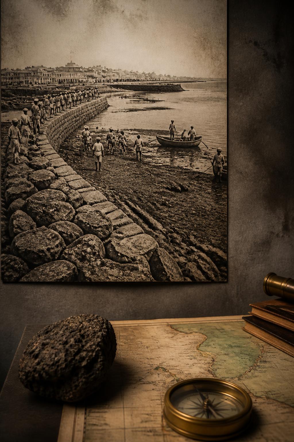 A historic coastal embankment reshaping Bombay’s tidal landscape.