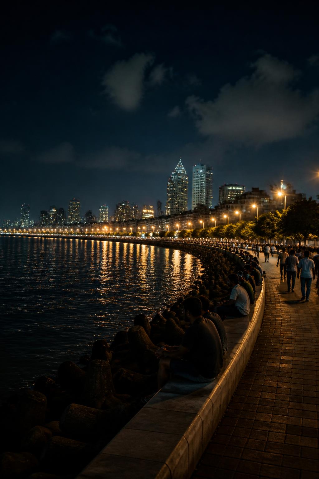 Marine Drive’s illuminated curve and Art Deco skyline at night.
