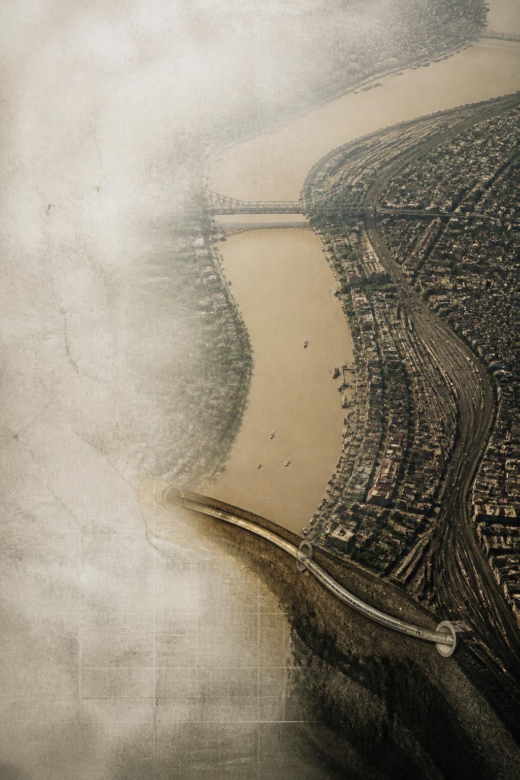A historical route concept connecting railway areas in Kolkata and Howrah beneath the Hooghly.