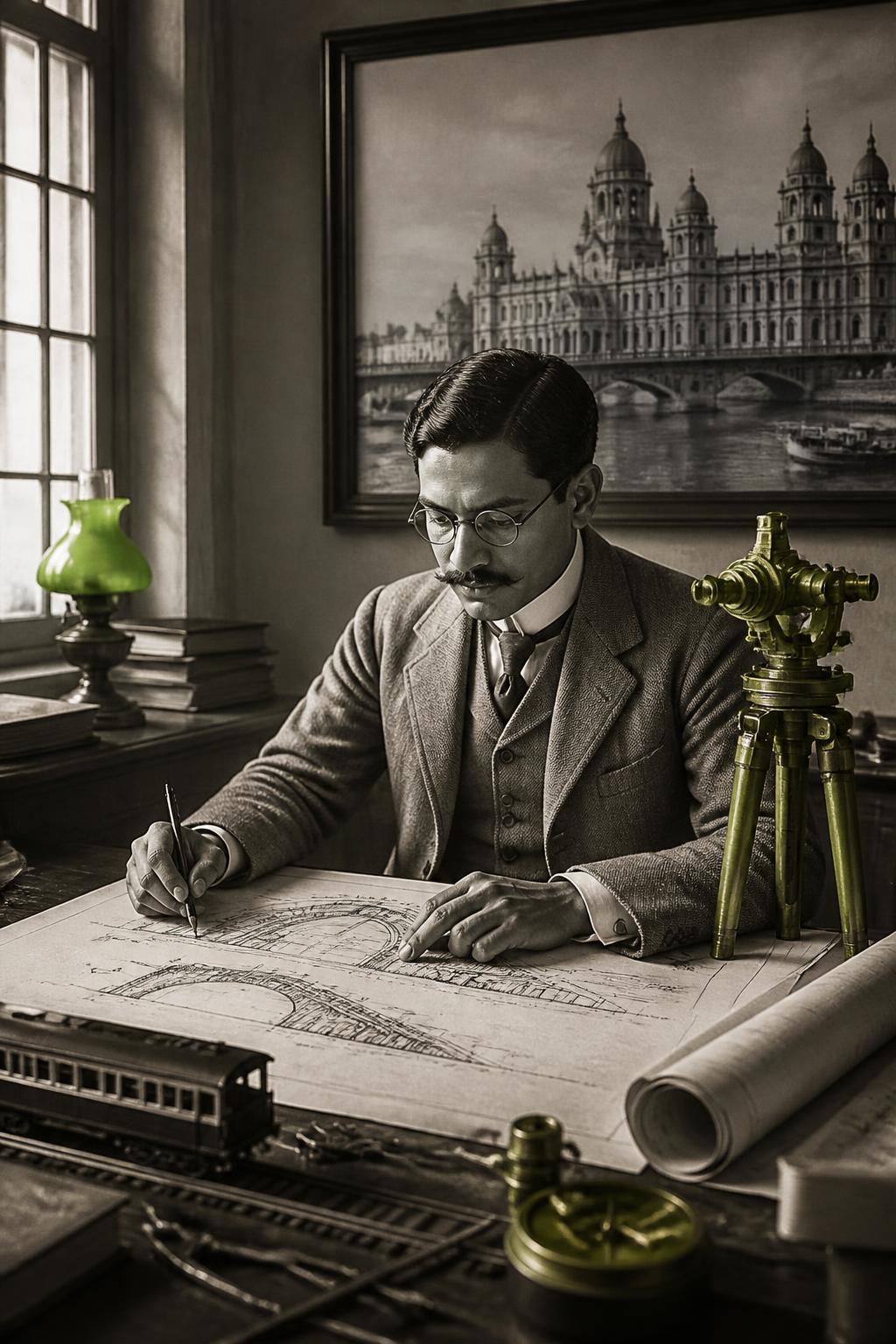 A period engineer studying plans for an early underground railway proposal in Bengal.