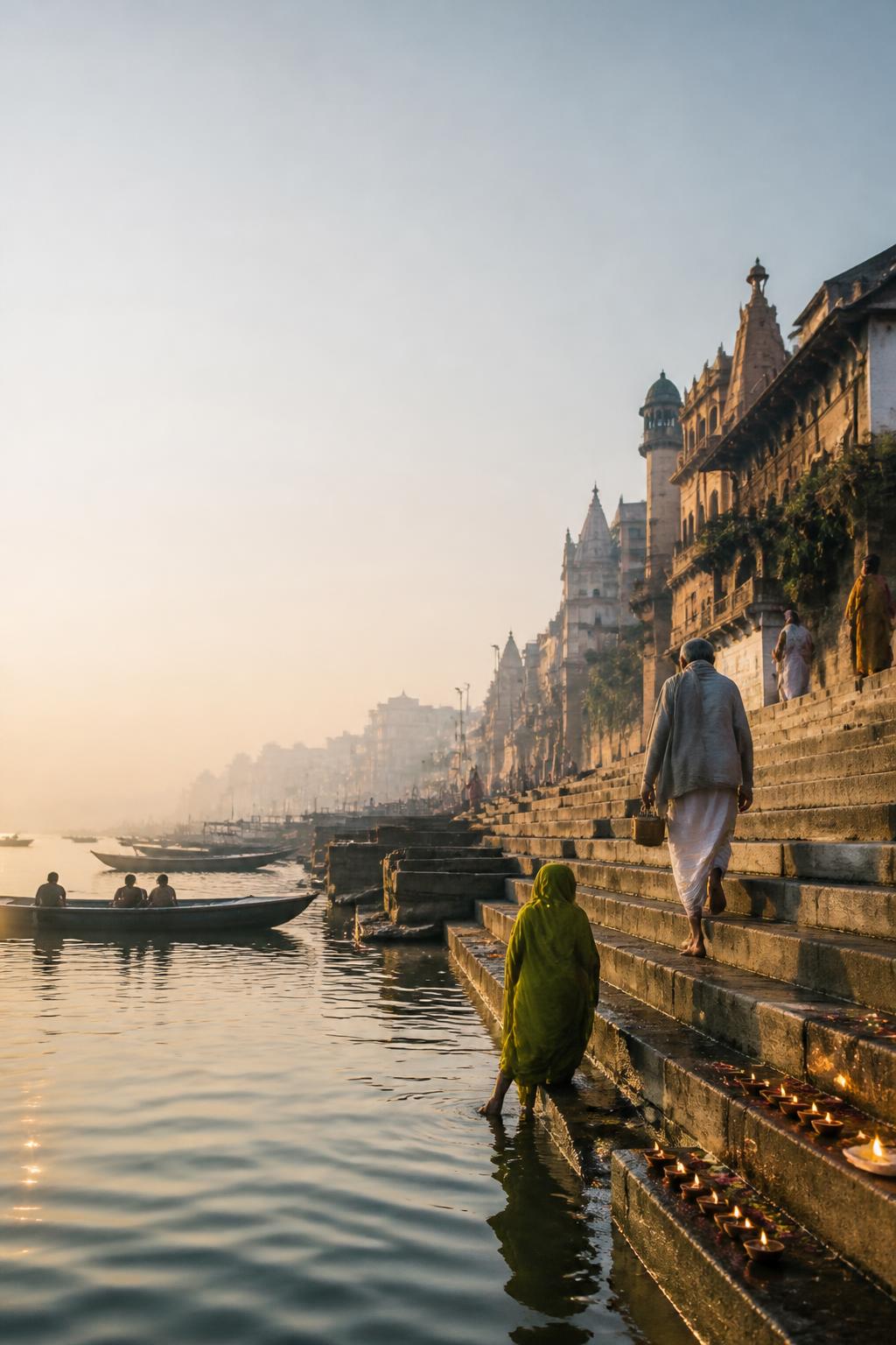 Pilgrims and boats at Varanasi’s ancient sacred riverfront.