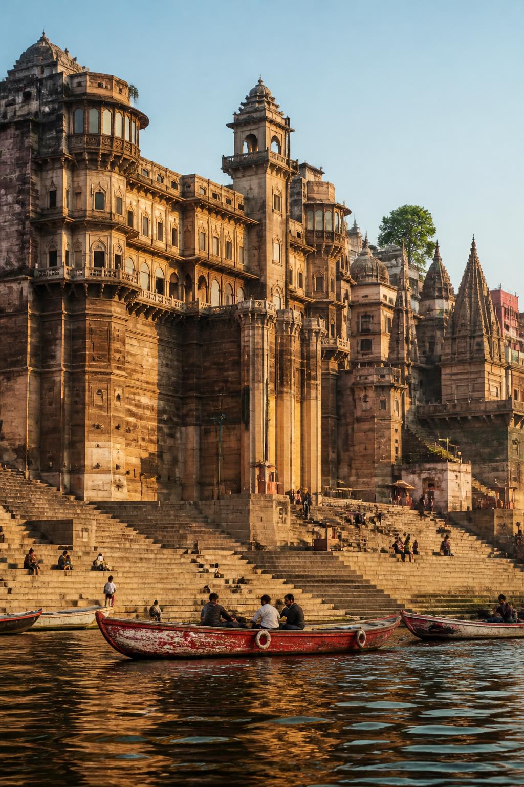 Palaces and stepped embankments shaped by later royal patronage along the Ganges.