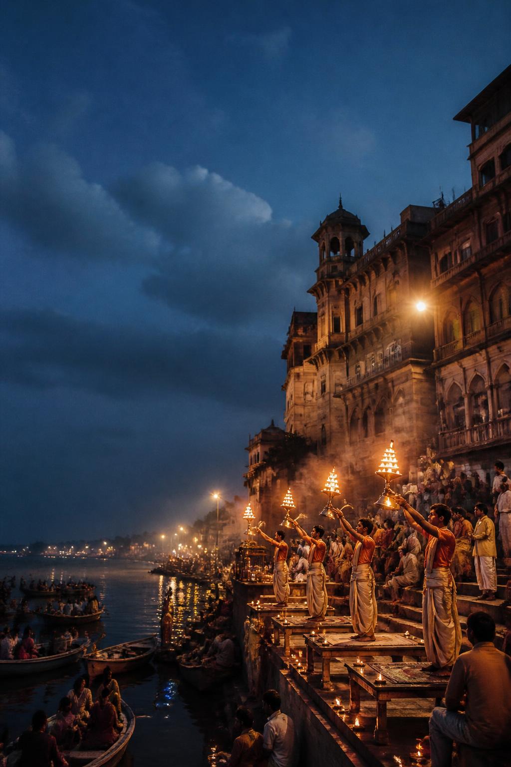 Evening ritual continues beside Varanasi’s repeatedly rebuilt historic riverfront.