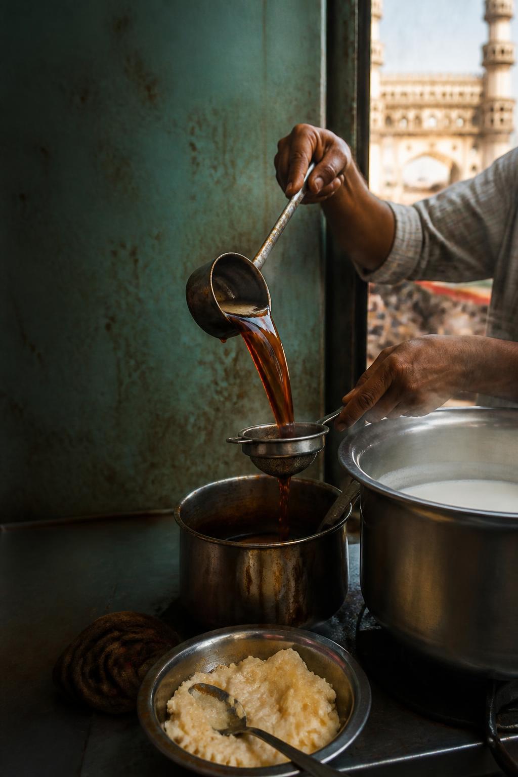 Tea decoction and boiled milk prepared separately for Irani chai.