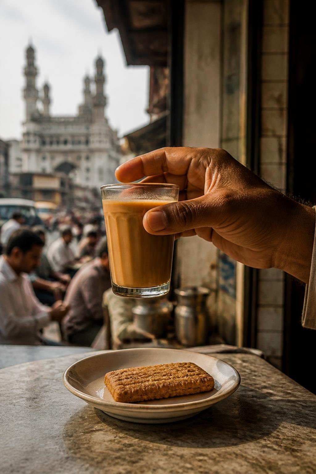 A hand holding Irani chai in a lively Hyderabad café.