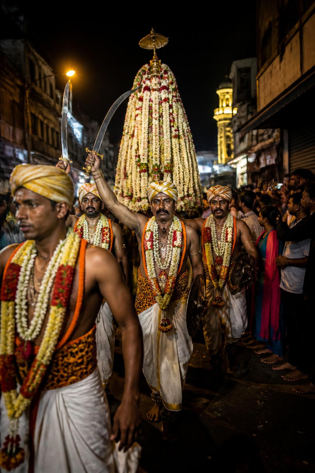 Sword-bearing Veerakumaras accompanying the Karaga through old Bengaluru.