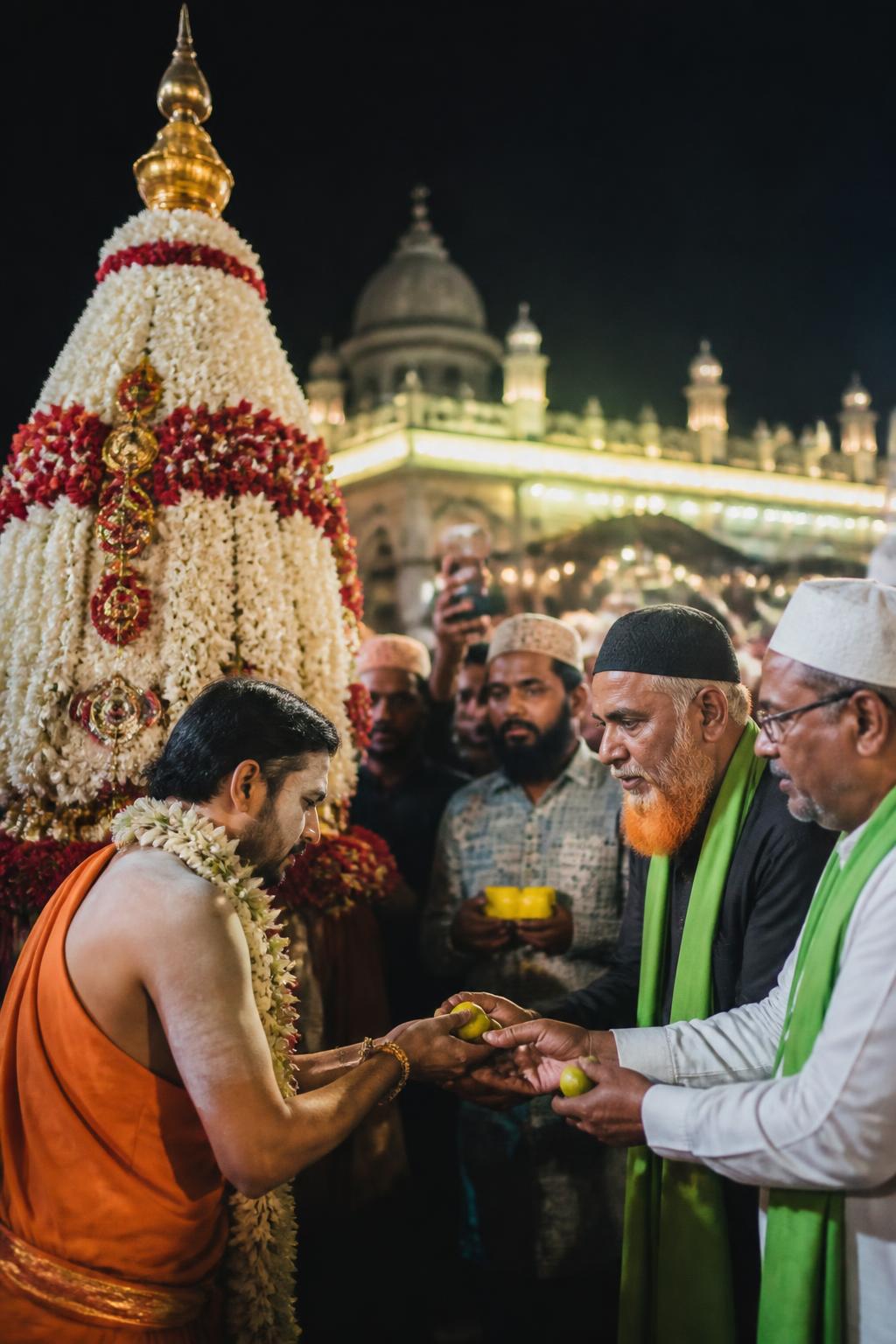 Representatives exchanging lemons beside the Karaga at a Bengaluru dargah.
