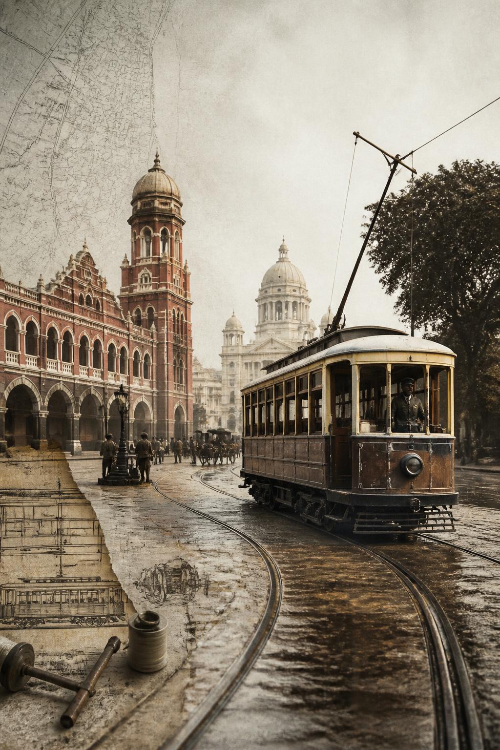 A 1890s electric tram at a historic Madras street junction.