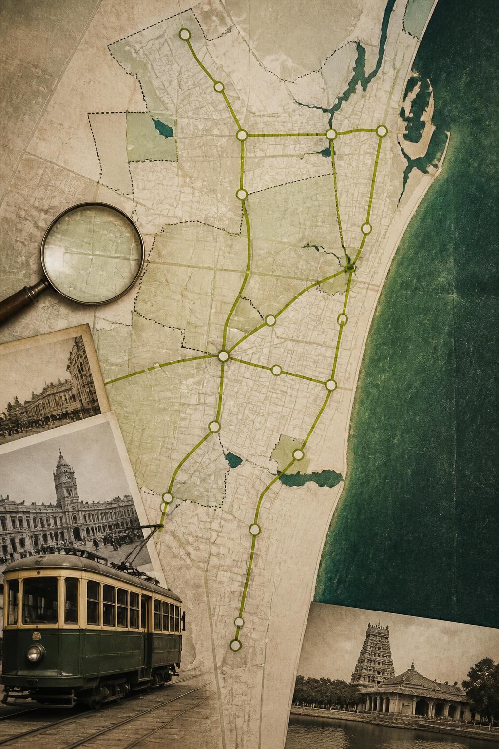 A historical map-inspired view of tram routes across central Chennai.