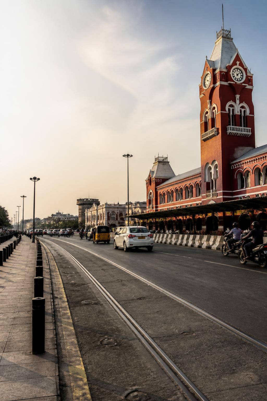 A present-day Chennai street imagined with the trace of its former tram route.
