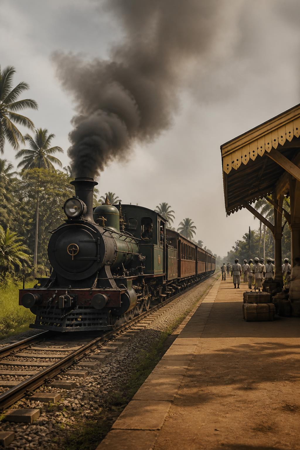 A nineteenth-century steam train arriving in southern India.
