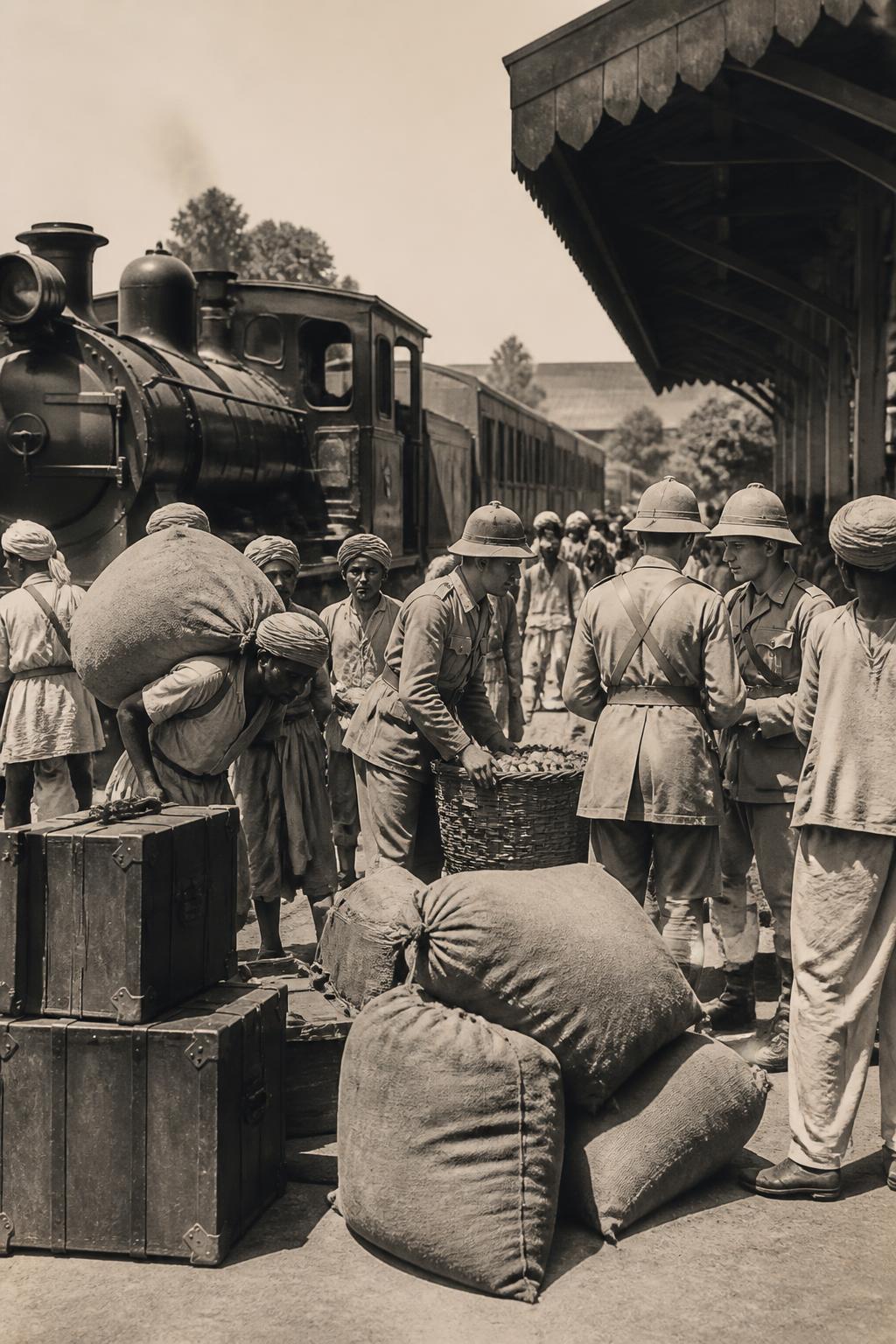 Passengers, porters and military movement around a historic railway station.